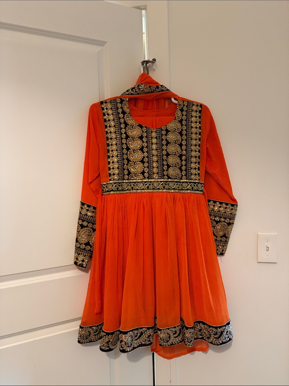 Orange Embroidered Anarkali Dress with Gold Detail Afghan kochi